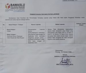 Status Laporan Calon Wakil Bupati Pinrang Sudirman Bungin Ke Bawaslu Pinrang, Tidak Memenuhi Unsur